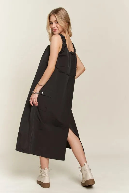 Black Drawstring Slit Back Cargo Summer Dress