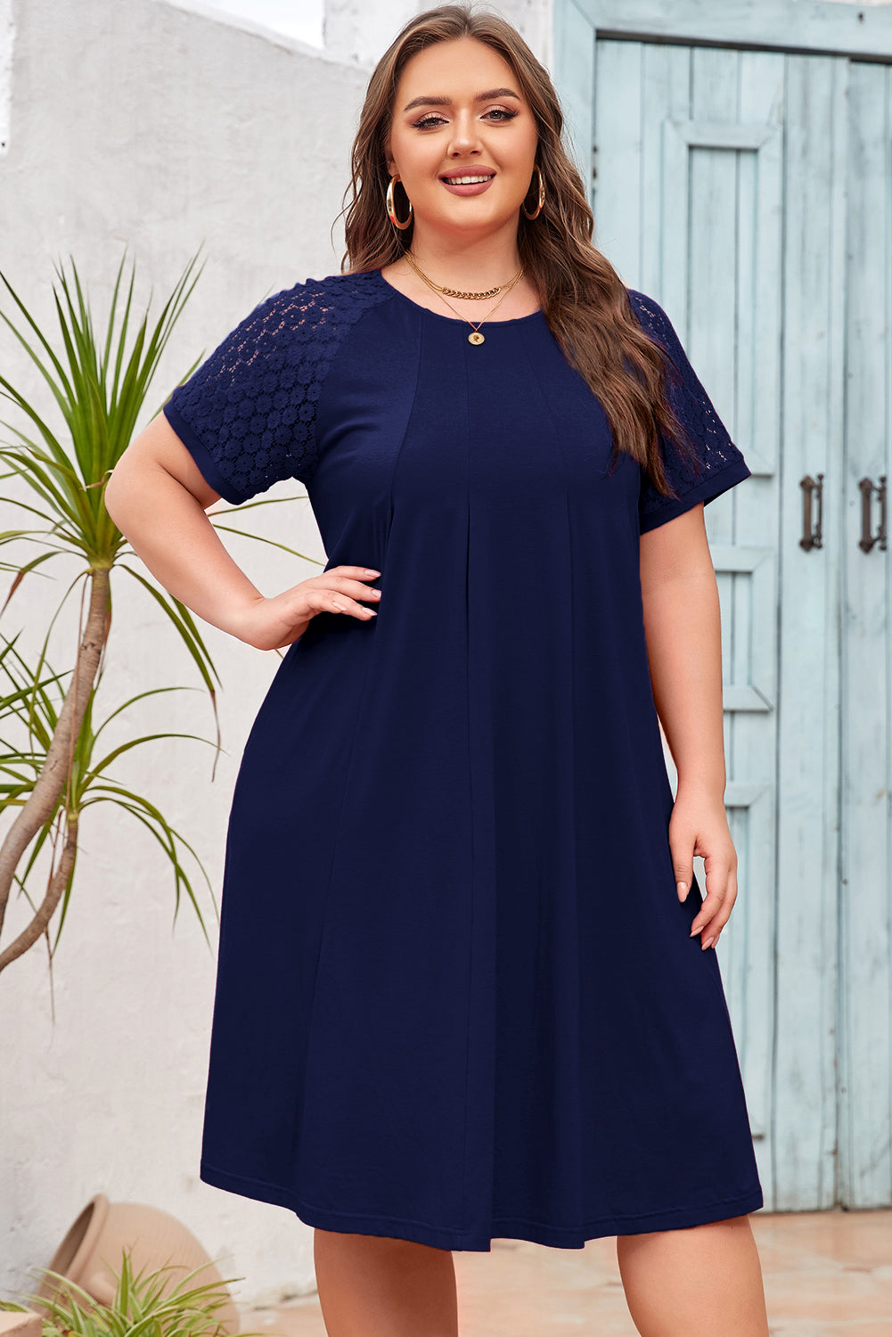 112 Navy Lace Pleated Swing Dress | Crew Neck Short Sleeve