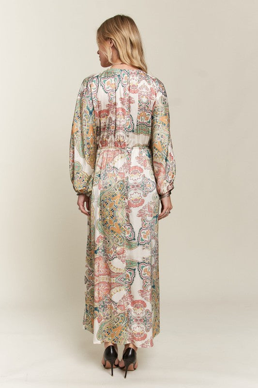 Abstract Print V-Neck Satin Batwing Sleeve Dress for Women