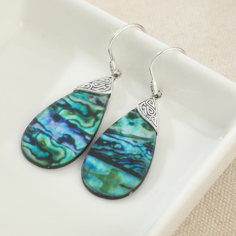 Vintage Iridescent Shell Teardrop Earrings Silver Tone Brass Women Boho Vacation Statement Fashion Jewelry Elegant