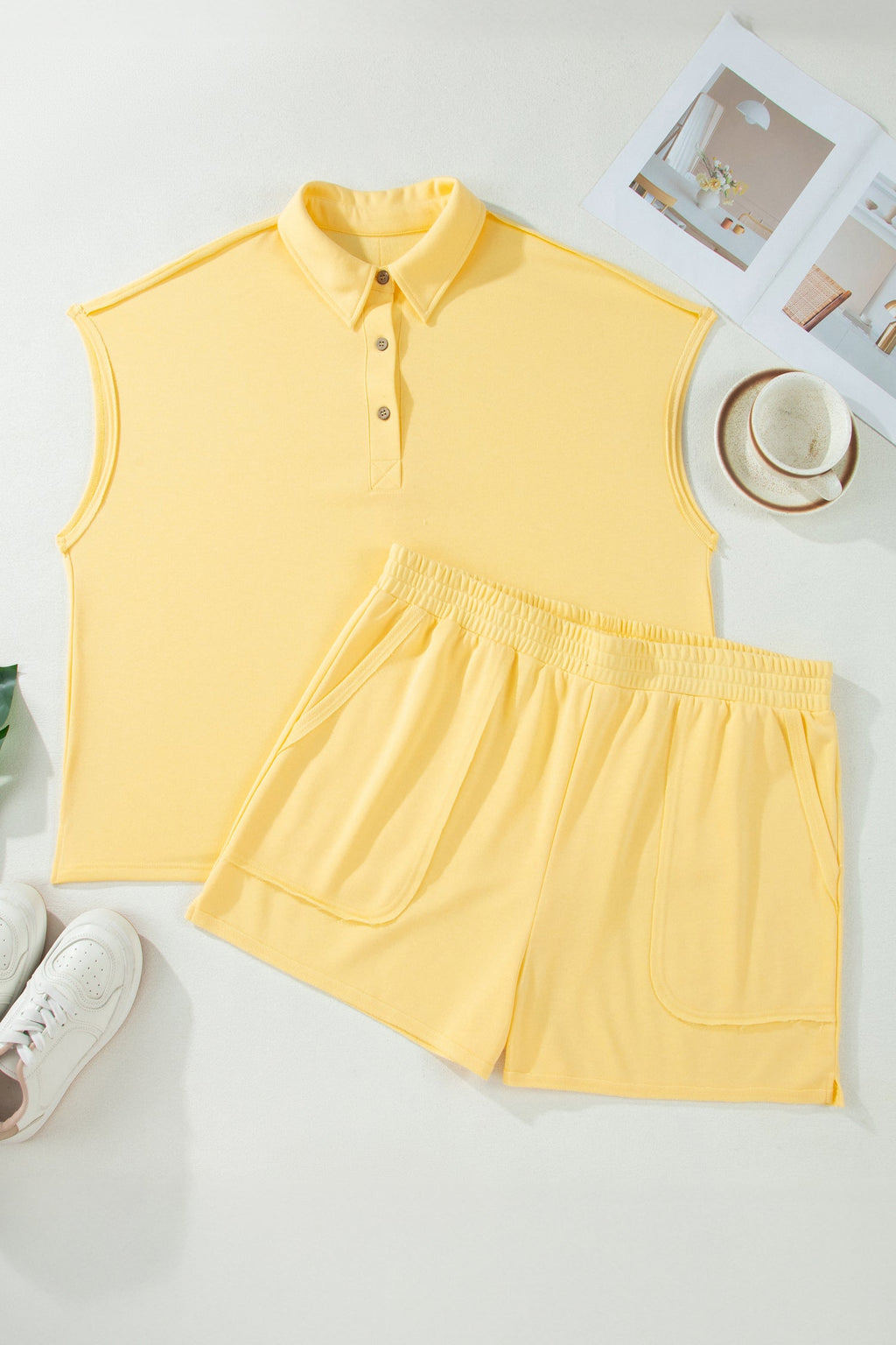 Solid Polo Tee and Elastic Waist Shorts Loungewear Set - Yellow