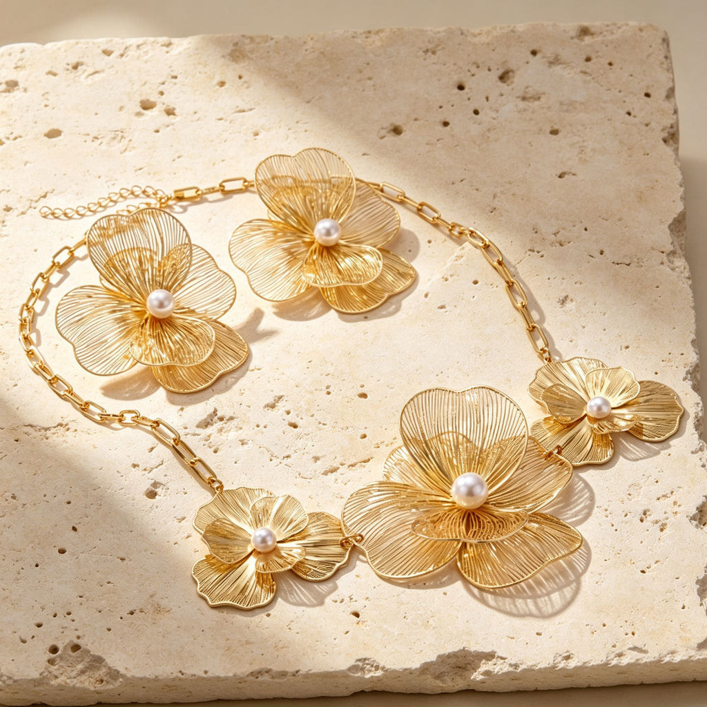 Women Wire Mesh Floral Faux Pearl 2Pcs Jewelry Set, Paperclip Chain Necklace Large Flower Stud Earrings PVD Gold Plated For Wedding Party Gift
