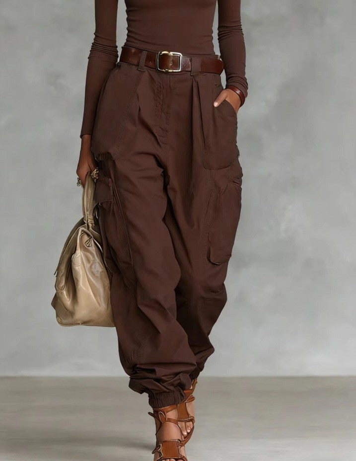 Women's High-Waist Beige Cargo Joggers with Elastic Cuffs - Image 6