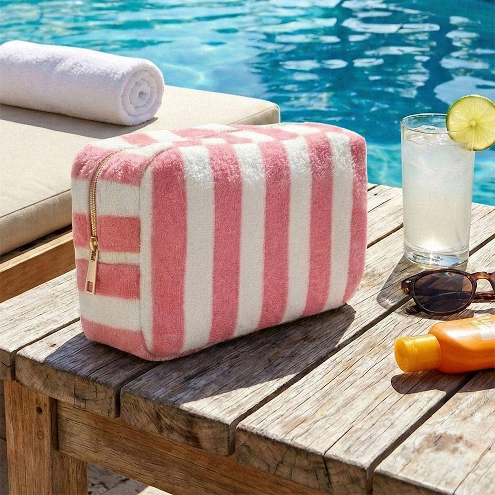 Pink Striped Terry Cloth Cosmetic Pouch