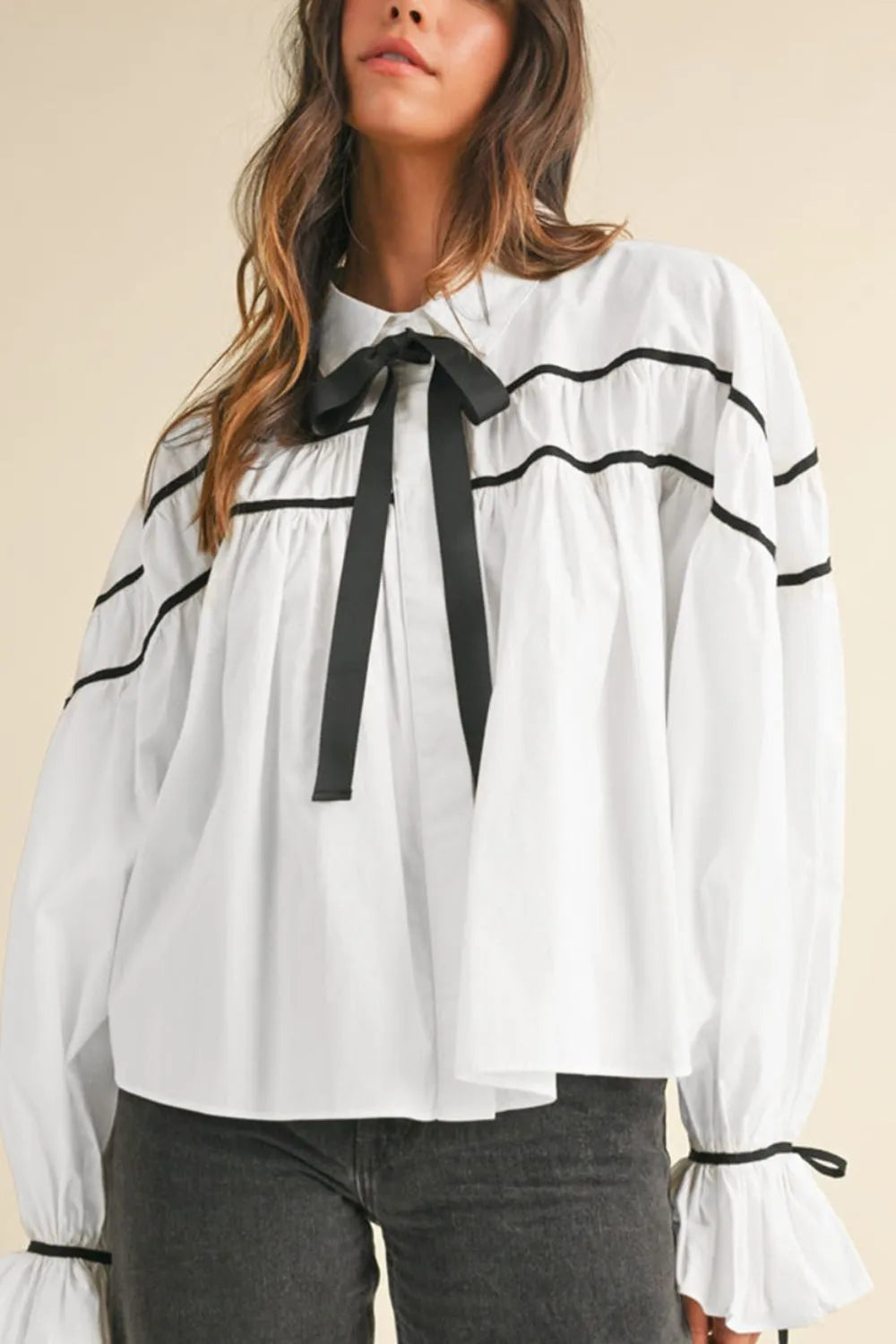 White Ribbon Bowtie Collared Blouse with Flounce Sleeves - Image 3