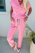 V Neck Tee & Drawstring Pant Set - Bonbon Solid