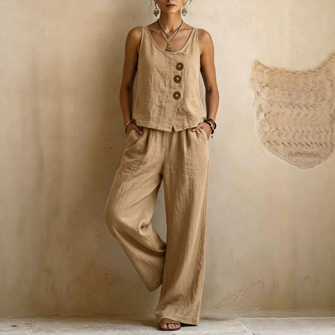 Women's Cotton Linen Sleeveless Tank Top and Wide Leg Pants Set