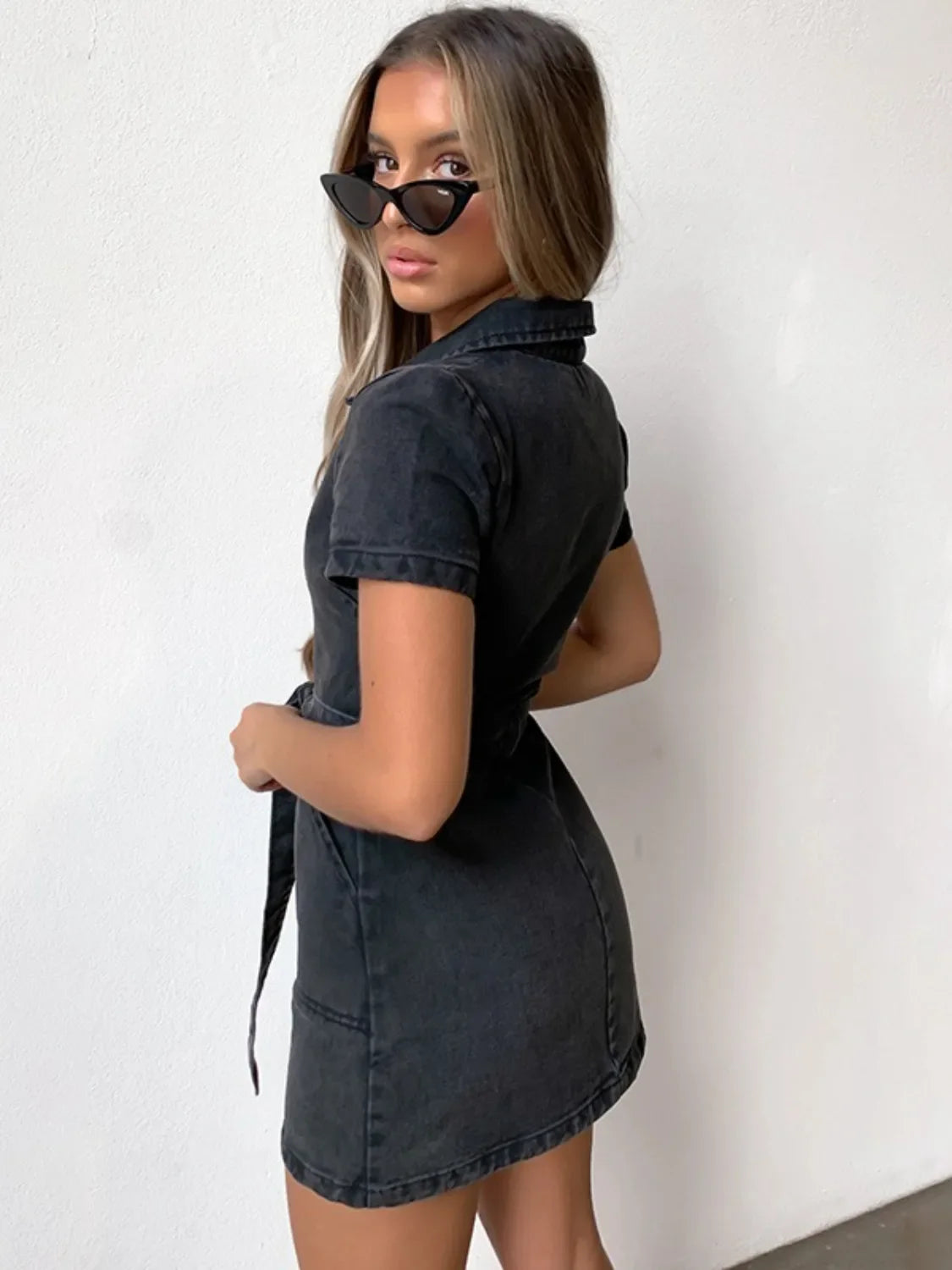 Full Size Zip Front Short Sleeve Denim Dress Plus Size