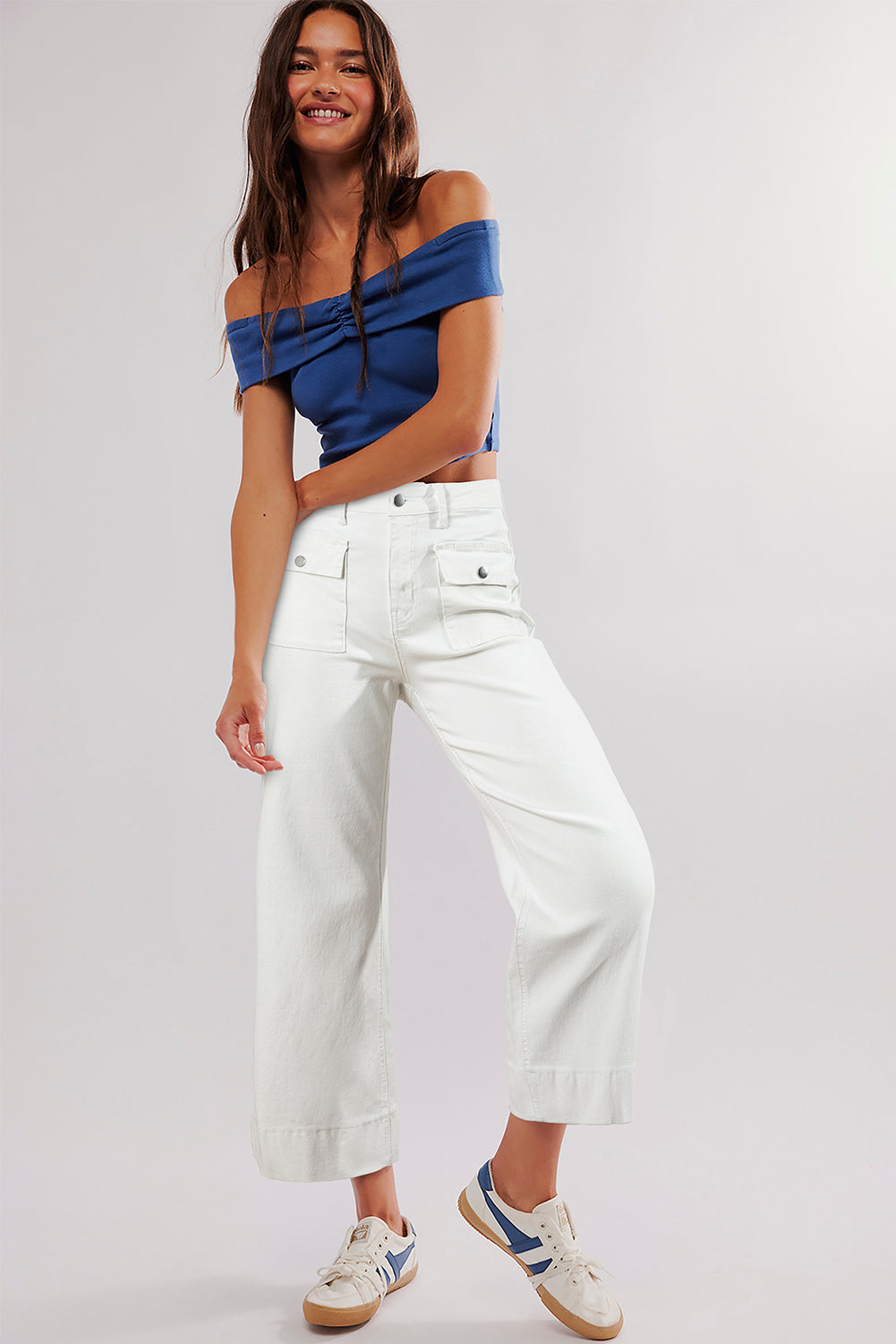 Brown Flap Pocket Front Straight Cropped Jeans