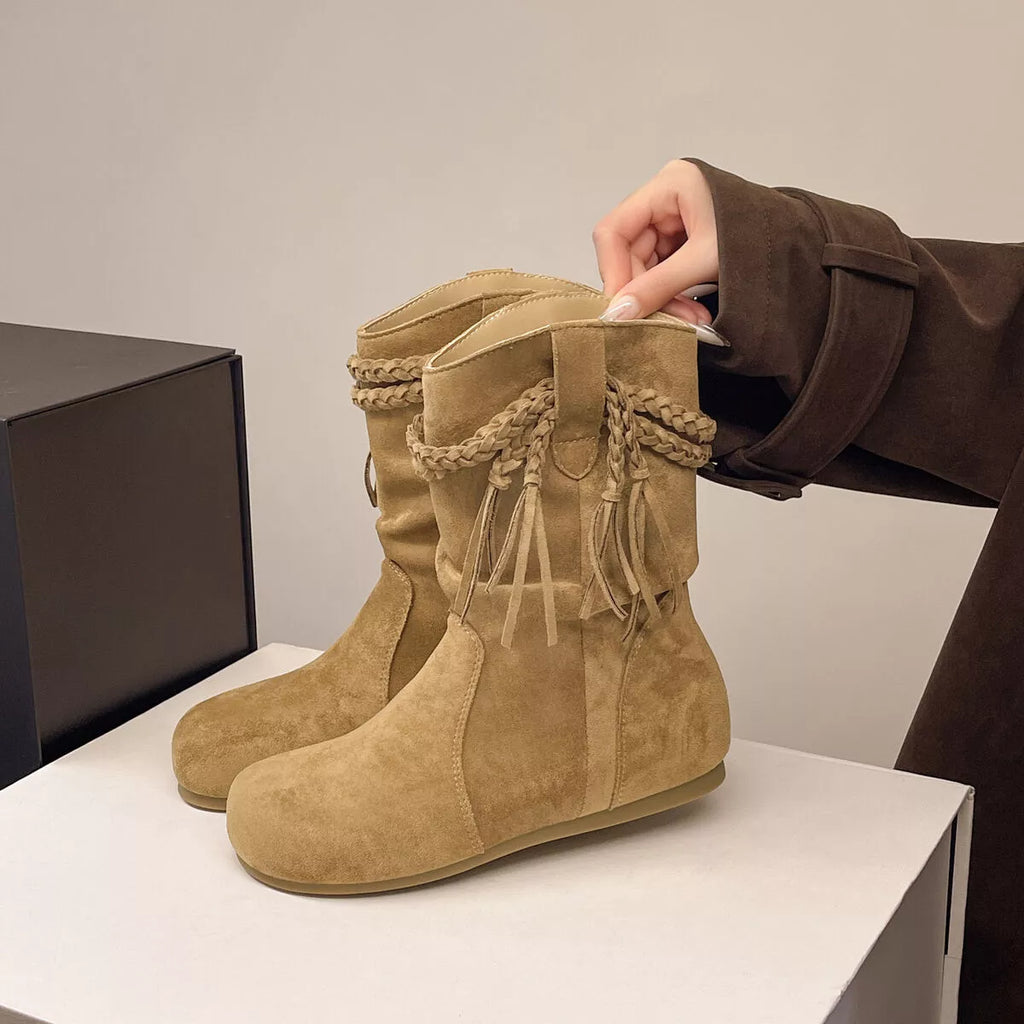 Suede Fringe Round Toe Boots with Block Heel