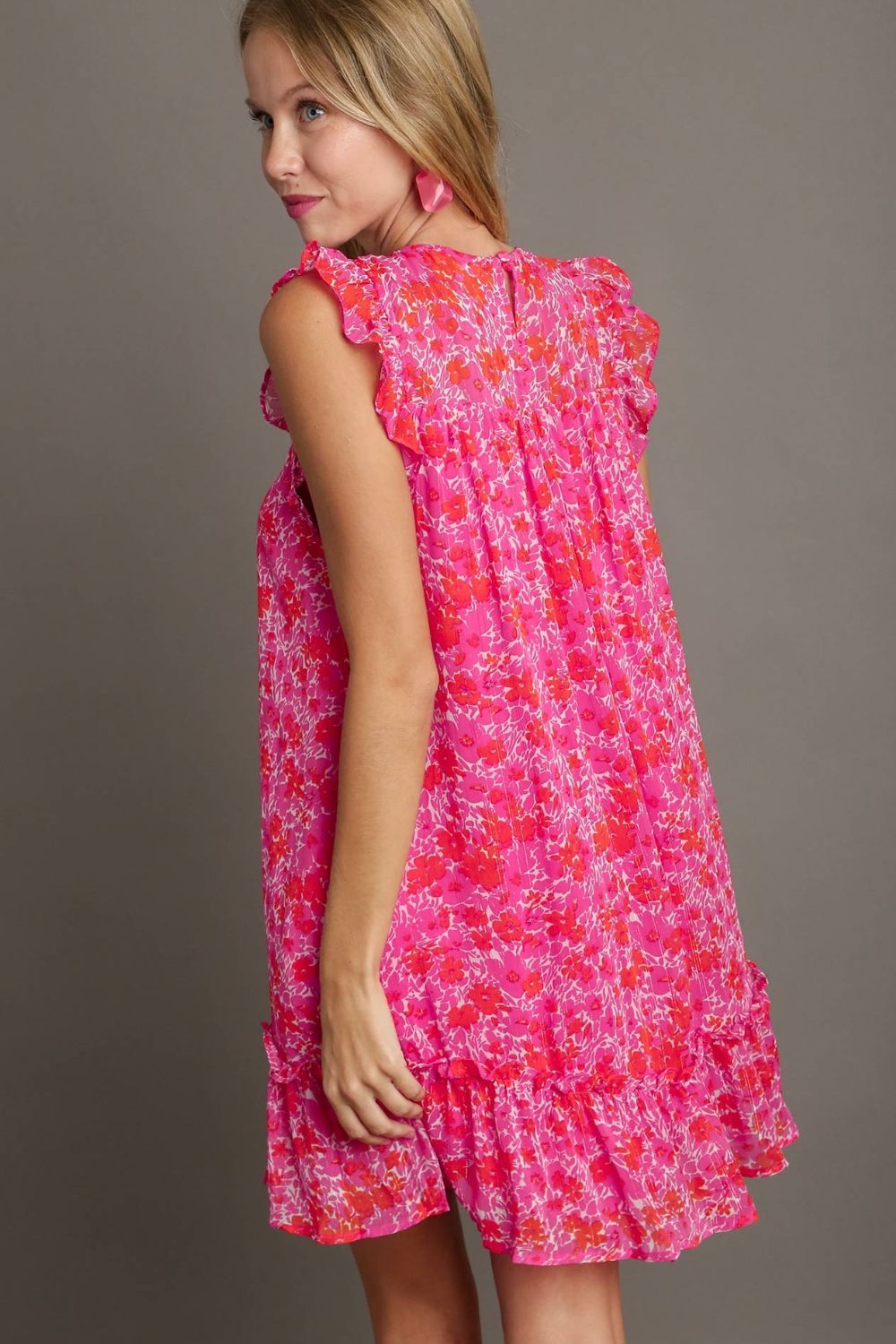 Pink Floral Smocked Detail Ruffle Cap Sleeve Dress