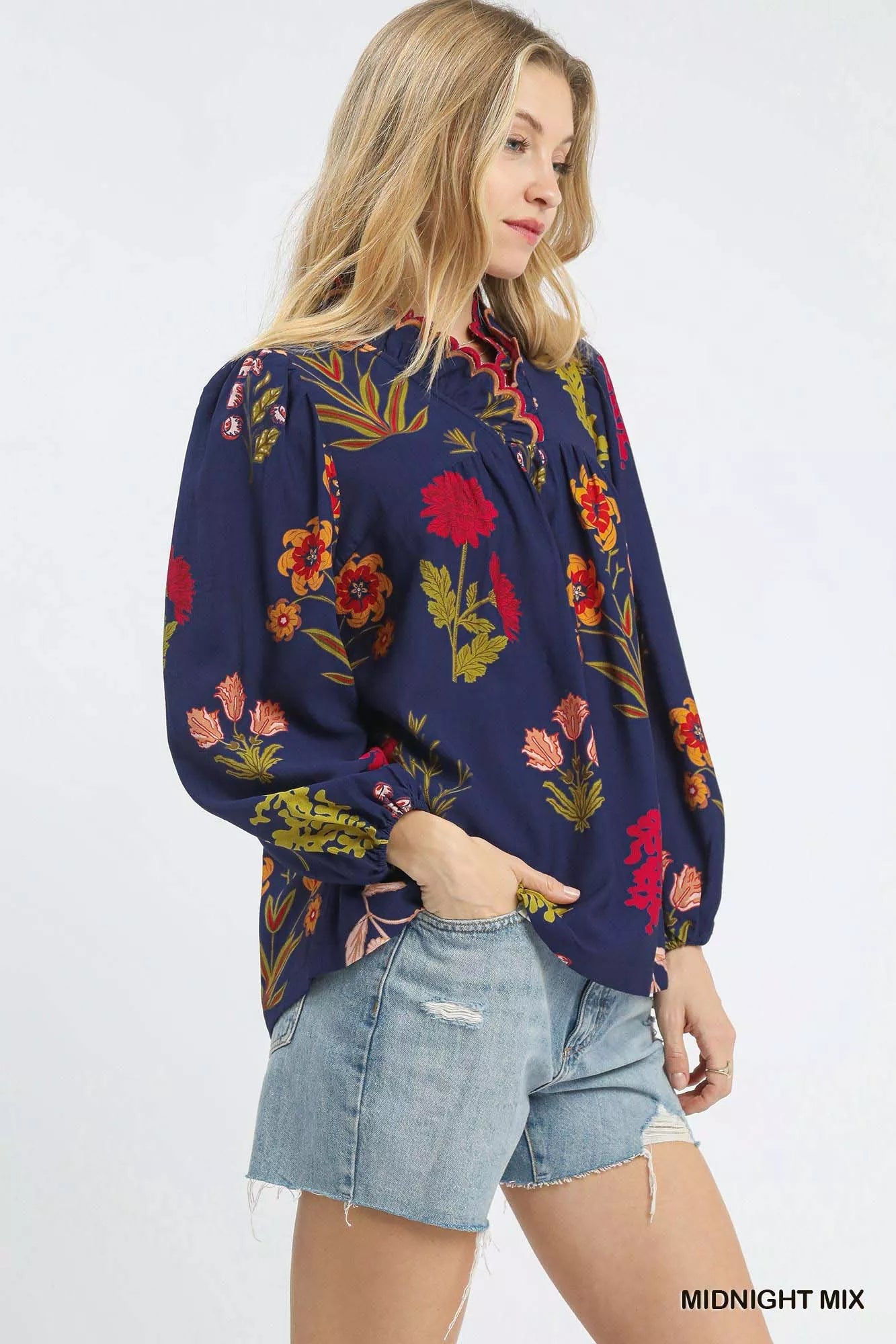 Umgee Flower Print Blouse with Scalloped Neckline