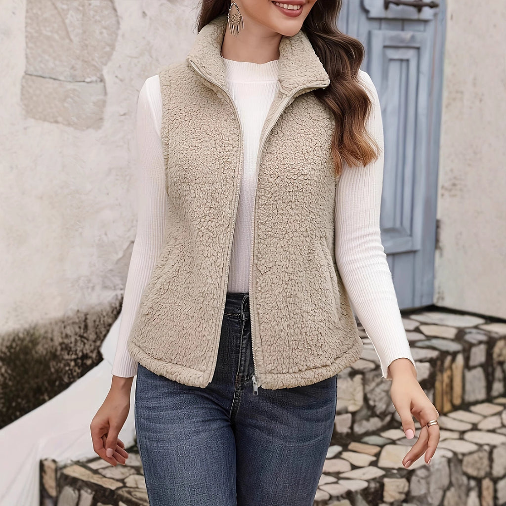 Women's Plush Stand-Up Collar Zip Vest – Sleeveless with Pockets