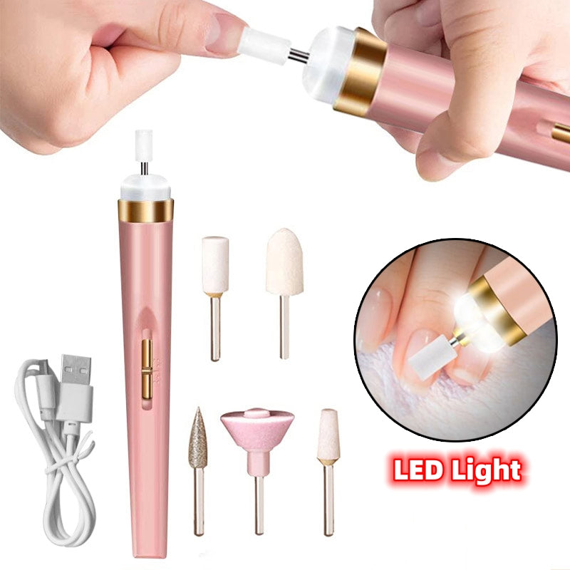 A compact 5-in-1 cordless electric nail drill and manicure kit with USB charger and interchangeable heads.