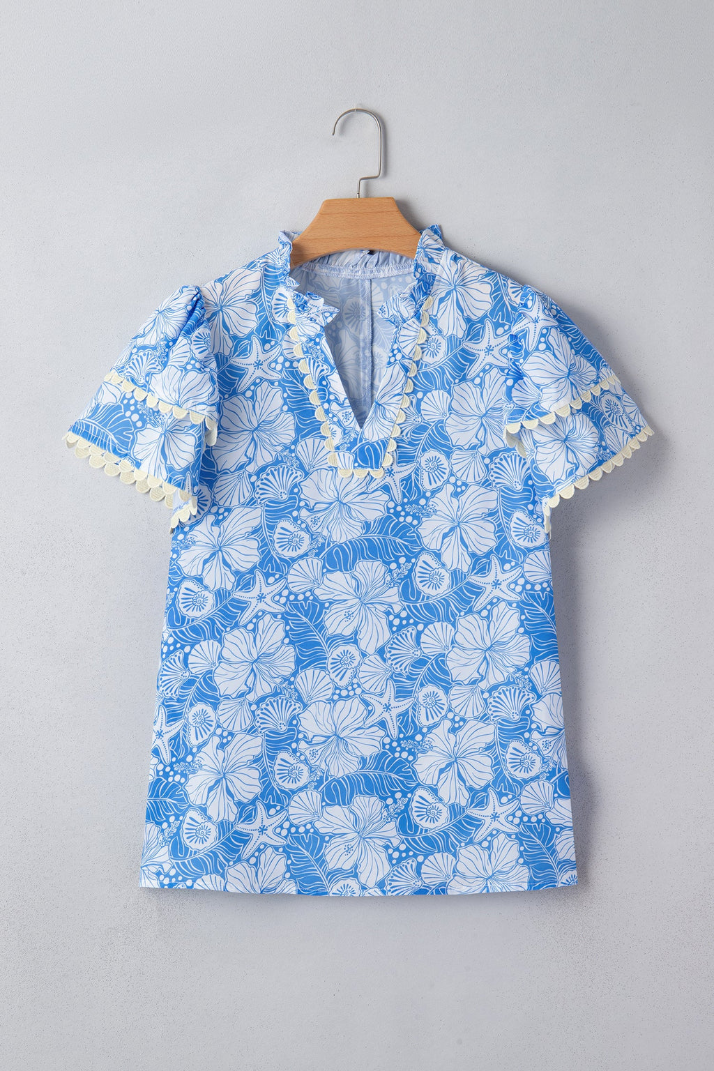 Oceanic Floral Scalloped Trim V-Neck Short Sleeve Blouse - Image 2
