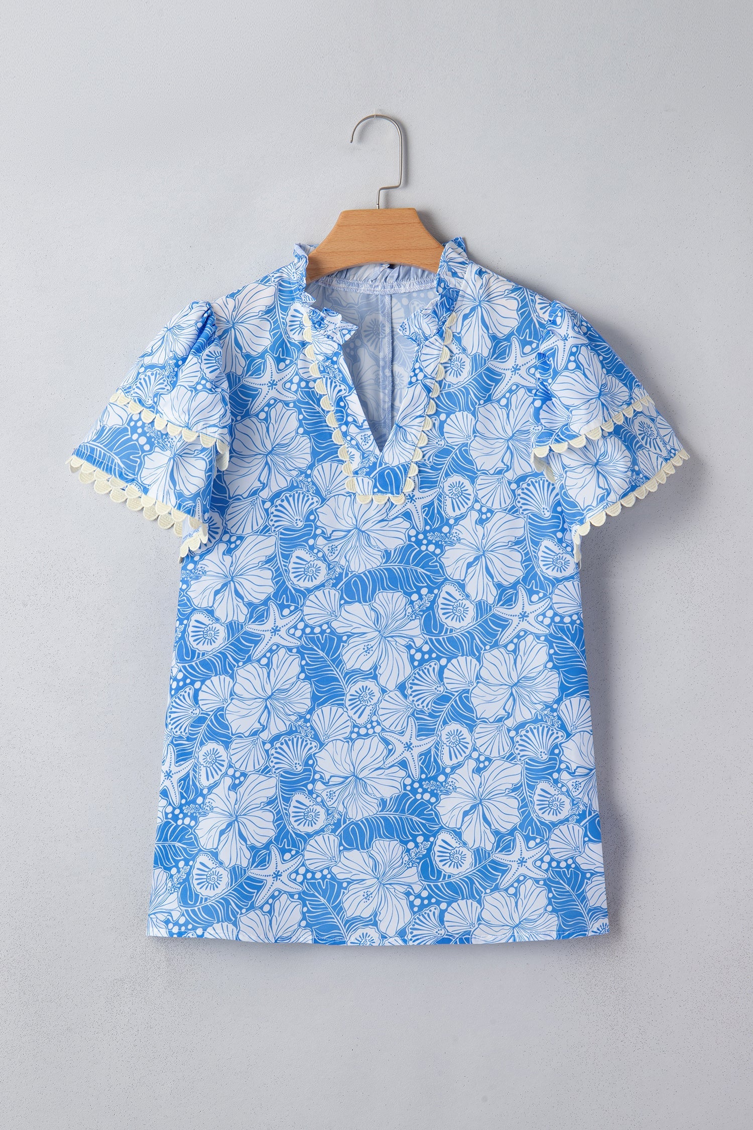 Oceanic Floral Scalloped Trim V-Neck Short Sleeve Blouse - Image 2