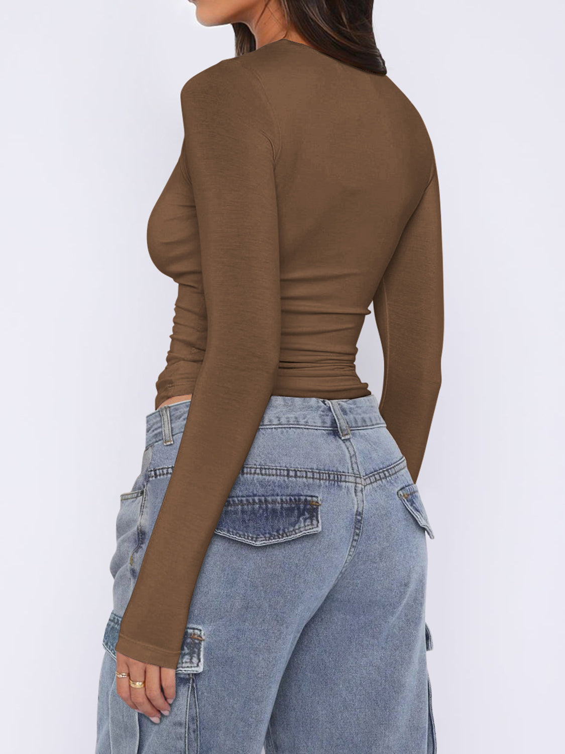 Ruched Asymmetrical Neck Long Sleeve T-Shirt in Slim Fit - Image 16
