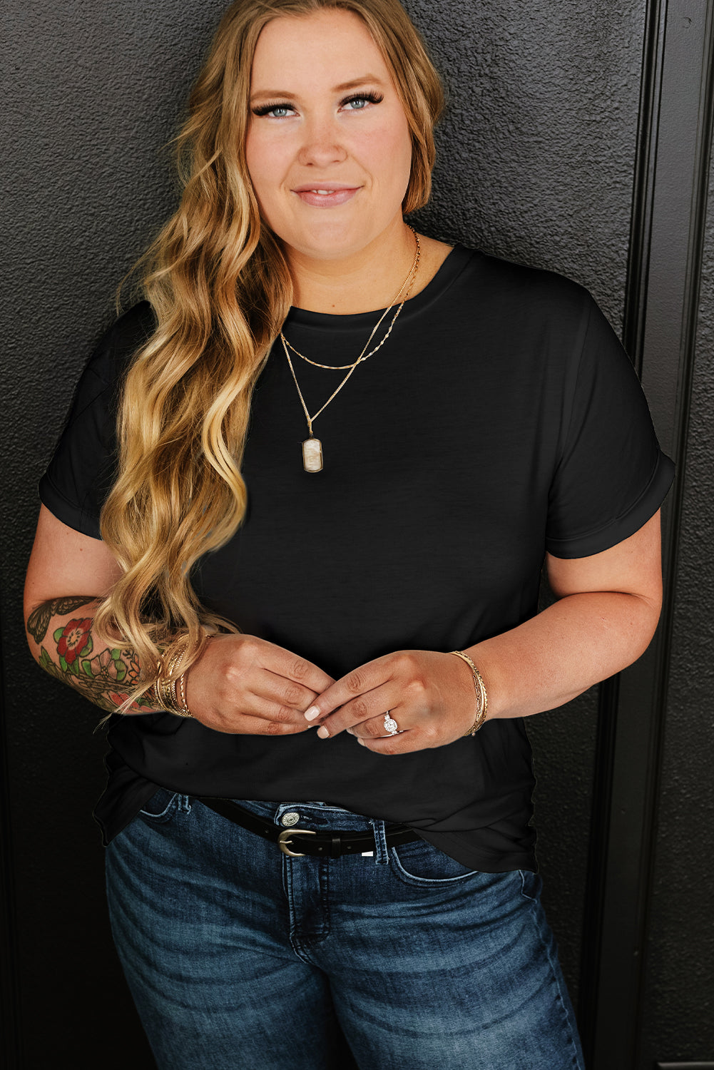 Plus Size Solid Rolled Short Sleeve T-Shirt
