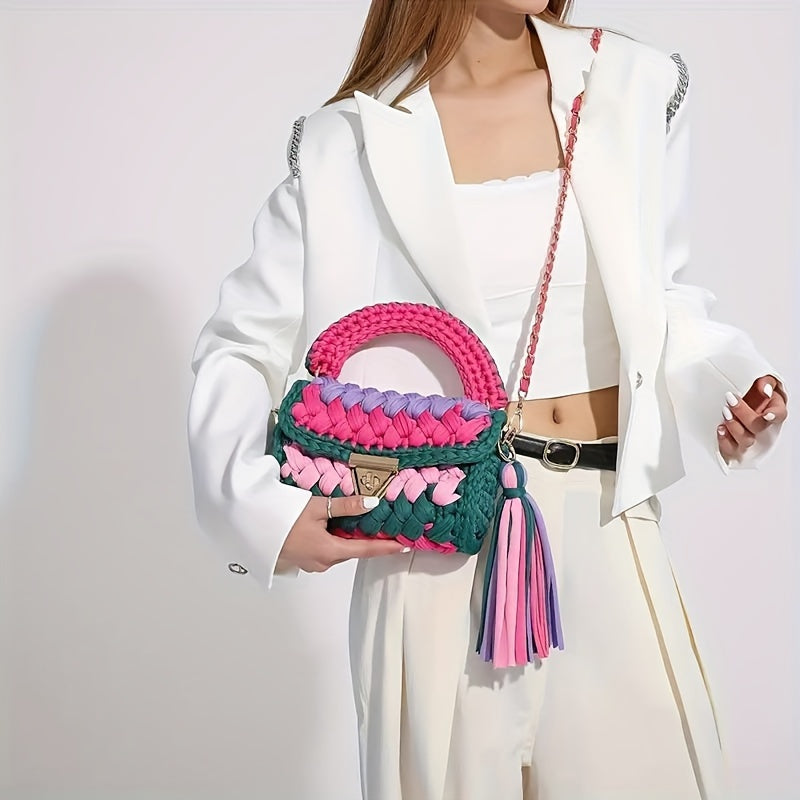 Boho Crochet Tassel Crossbody Chic Mini Color block Bag