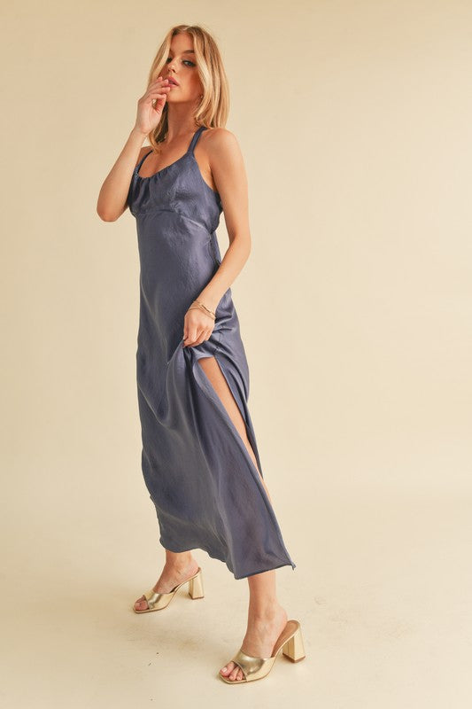 Satin Side Slit Cutout Back Maxi Cami Dress