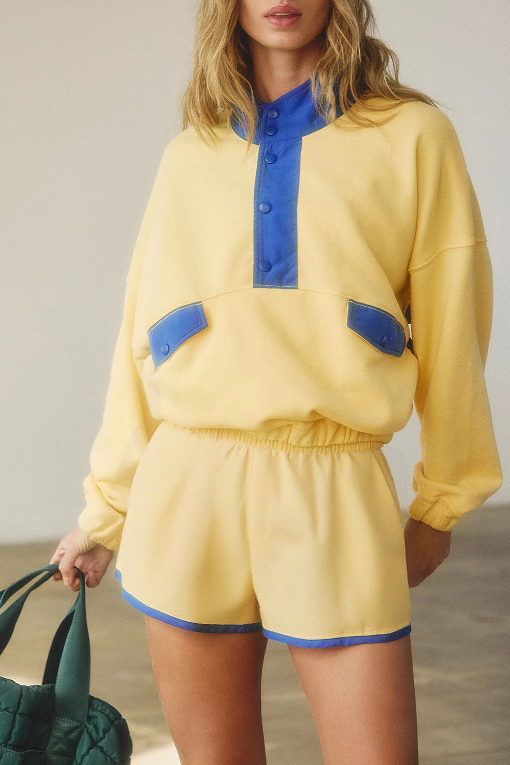 Yellow Colorblock Patchwork Half Button Pullover Shorts Set
