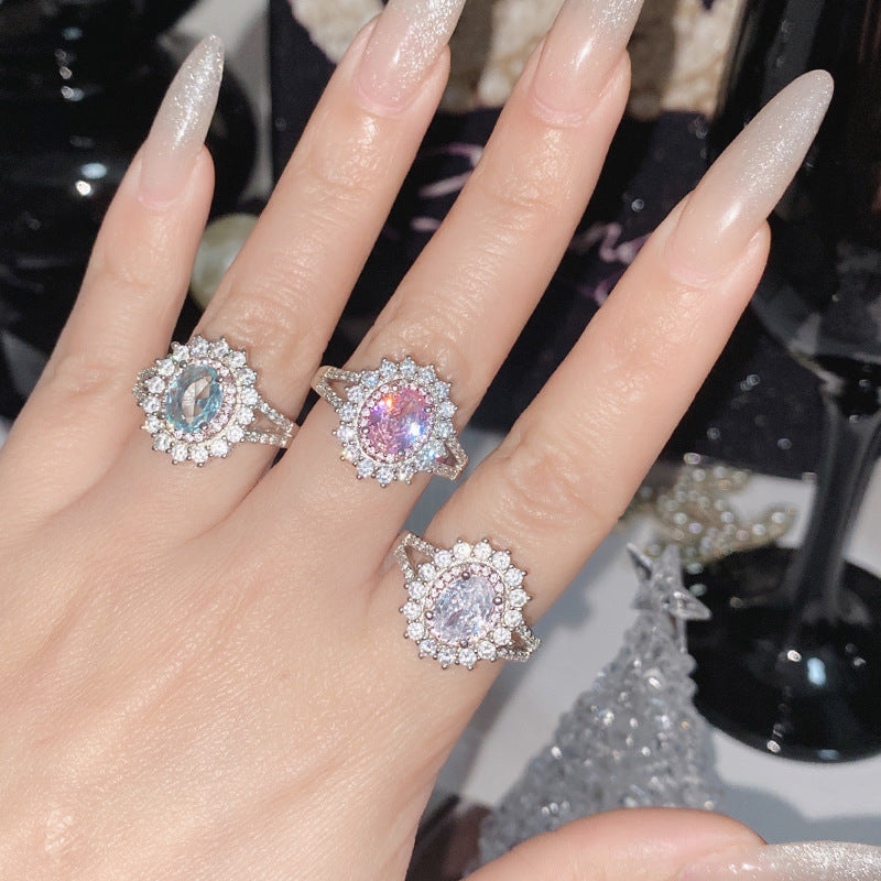 Women's Zircon Simulated Aquamarine Sunflower Ring, Luxury Full Pave Topaz Gemstone Jewelry