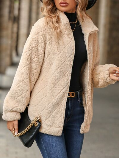 Women's Fuzzy Zip-Up Jacket with Pockets - Casual Streetwear