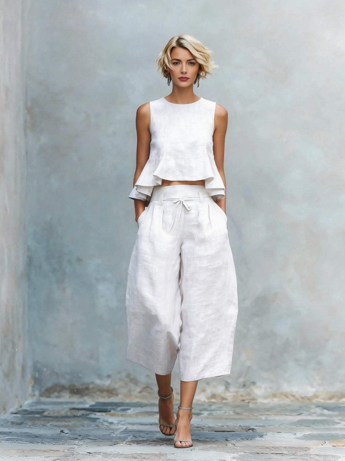 Women's Linen-Blend Sleeveless Ruffled Top and Cropped Pant Set
