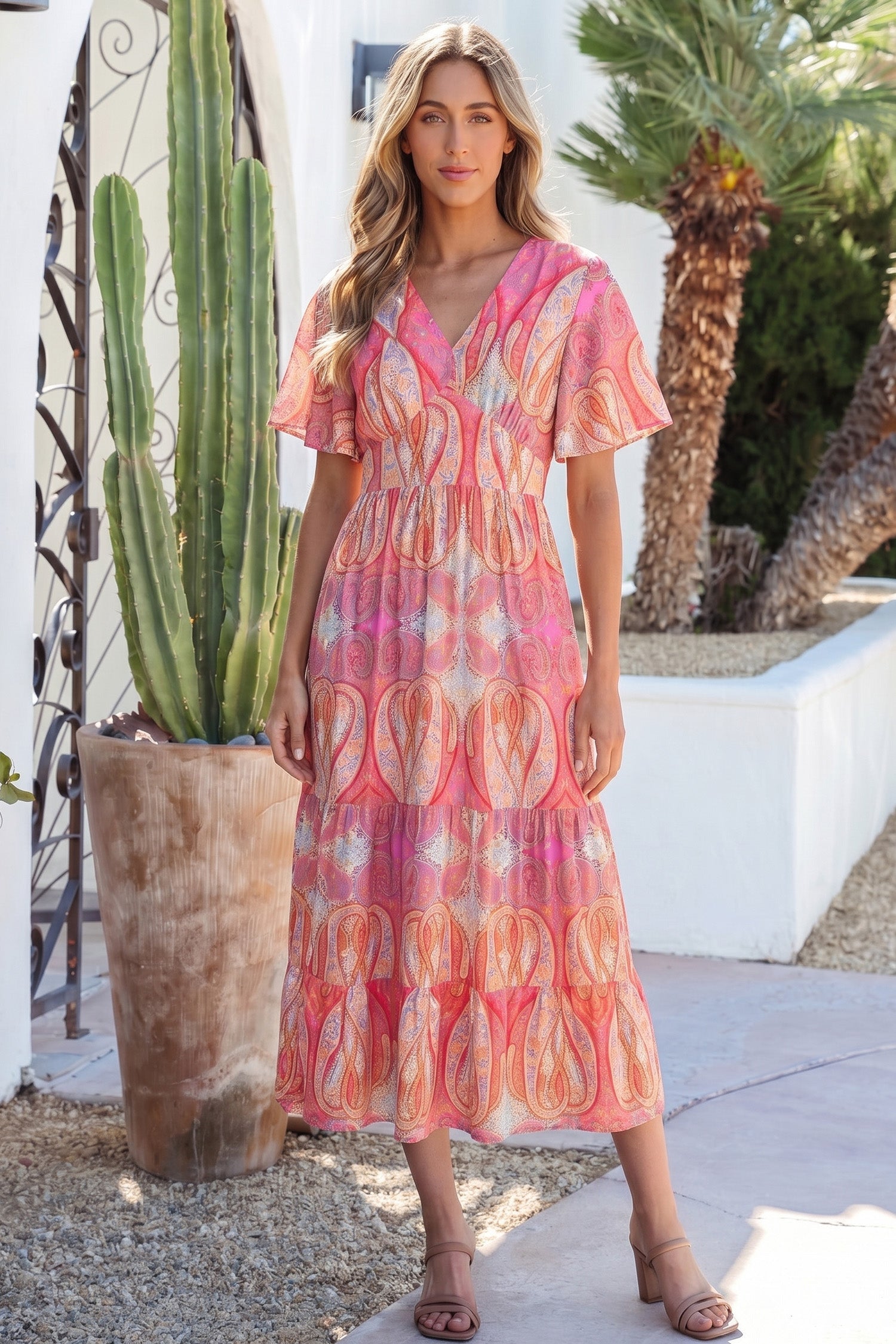 Luz Sleeve Boho Maxi Dress - Vibrant Floral A-Line Vacation Dress
