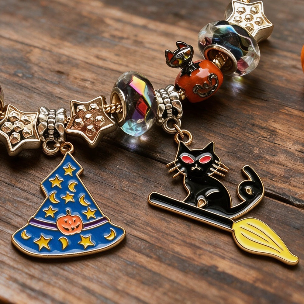 Halloween Bracelet With Witch, Black Cat, Pumpkin, And Stars