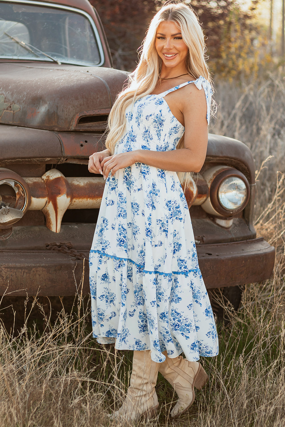 Sky Blue Floral Shirred Knot Shoulder Sleeveless Dress