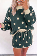 Green Polka Dot Print Color Block Trim Baggy Pullover Drawstring Skirt 2pcs Set