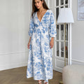 Floral A-Line V-Neck Dress with Lantern Sleeves in Cotton Linen