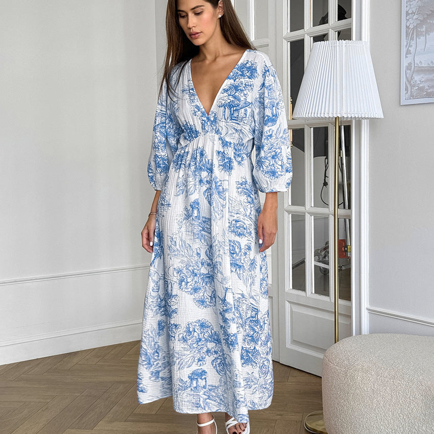 Floral A-Line V-Neck Dress with Lantern Sleeves in Cotton Linen