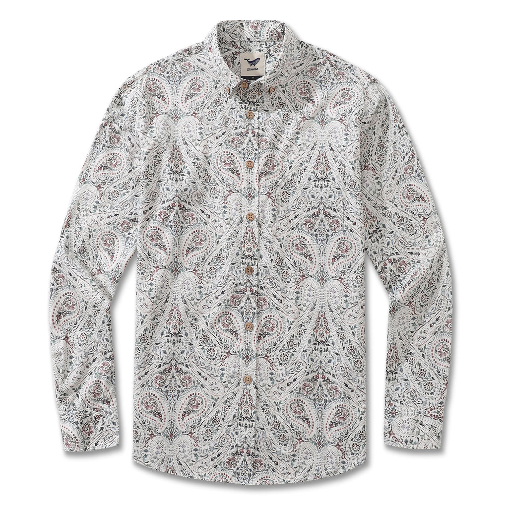 Men's paisley print long sleeve cotton button-down shirt in white, green, and blue tones.