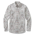 Men's paisley print long sleeve cotton button-down shirt in white, green, and blue tones.