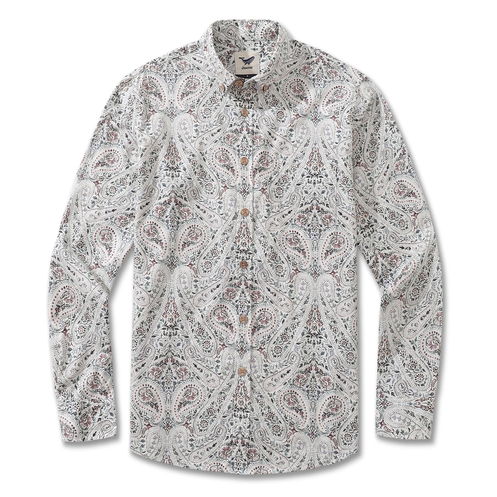 Men's paisley print long sleeve cotton button-down shirt in white, green, and blue tones.
