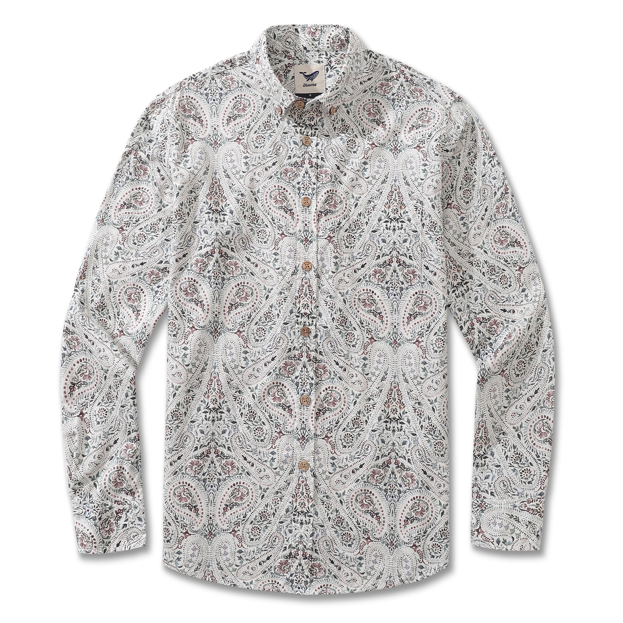 Men's paisley print long sleeve cotton button-down shirt in white, green, and blue tones.