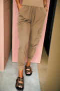 Camel Elastic High Waist Pocketed Cargo Jogger Pants