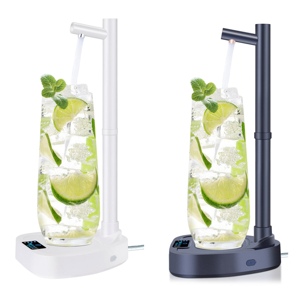 A modern, minimalist white automatic desktop water dispenser with stand on a clean kitchen countertop.