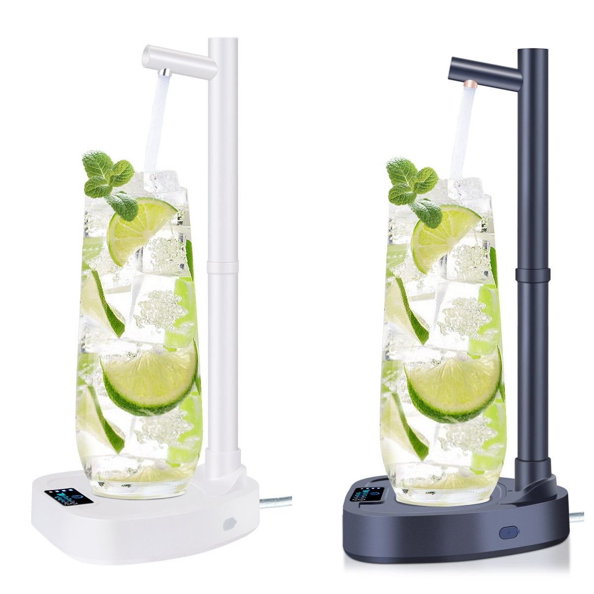 A modern, minimalist white automatic desktop water dispenser with stand on a clean kitchen countertop.