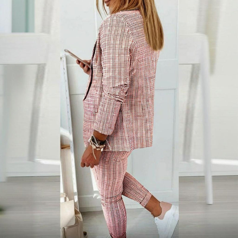 Women's Plaid Two-Piece Suit Set with Blazer and Drawstring Pants