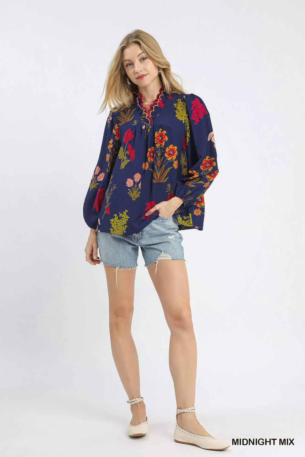 Umgee Flower Print Blouse with Scalloped Neckline
