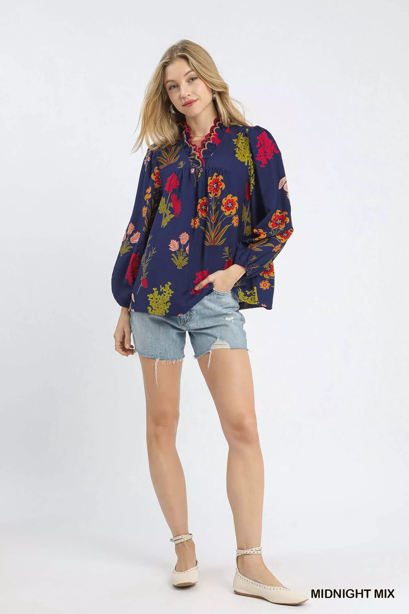 Umgee Flower Print Blouse with Scalloped Neckline