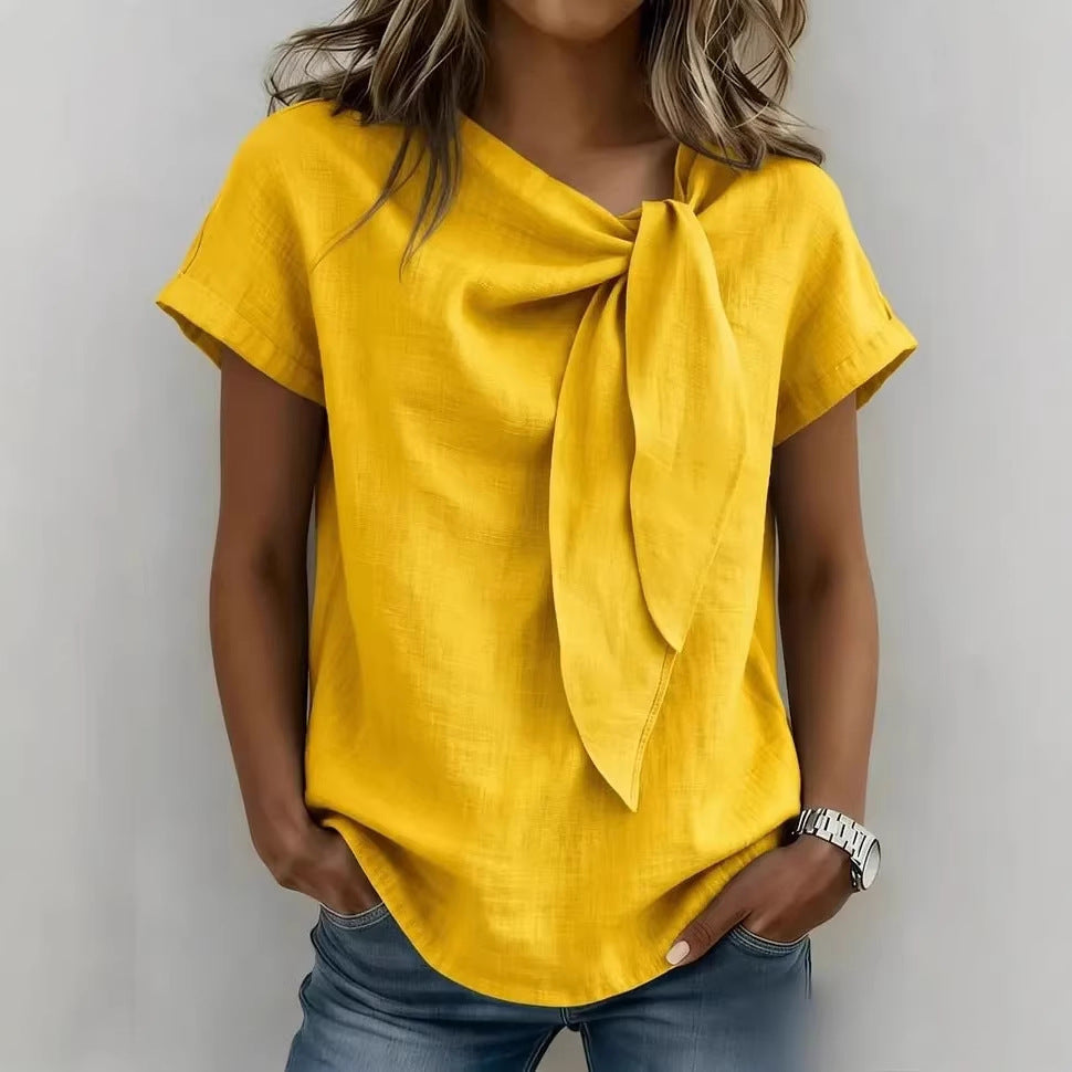 Women's Short Sleeve Tie Neck Blouse in Yellow and Beige