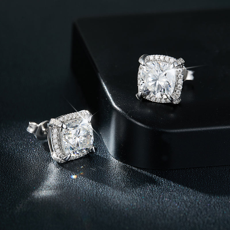Cushion Cut Moissanite Halo Stud Earrings in Sterling Silver