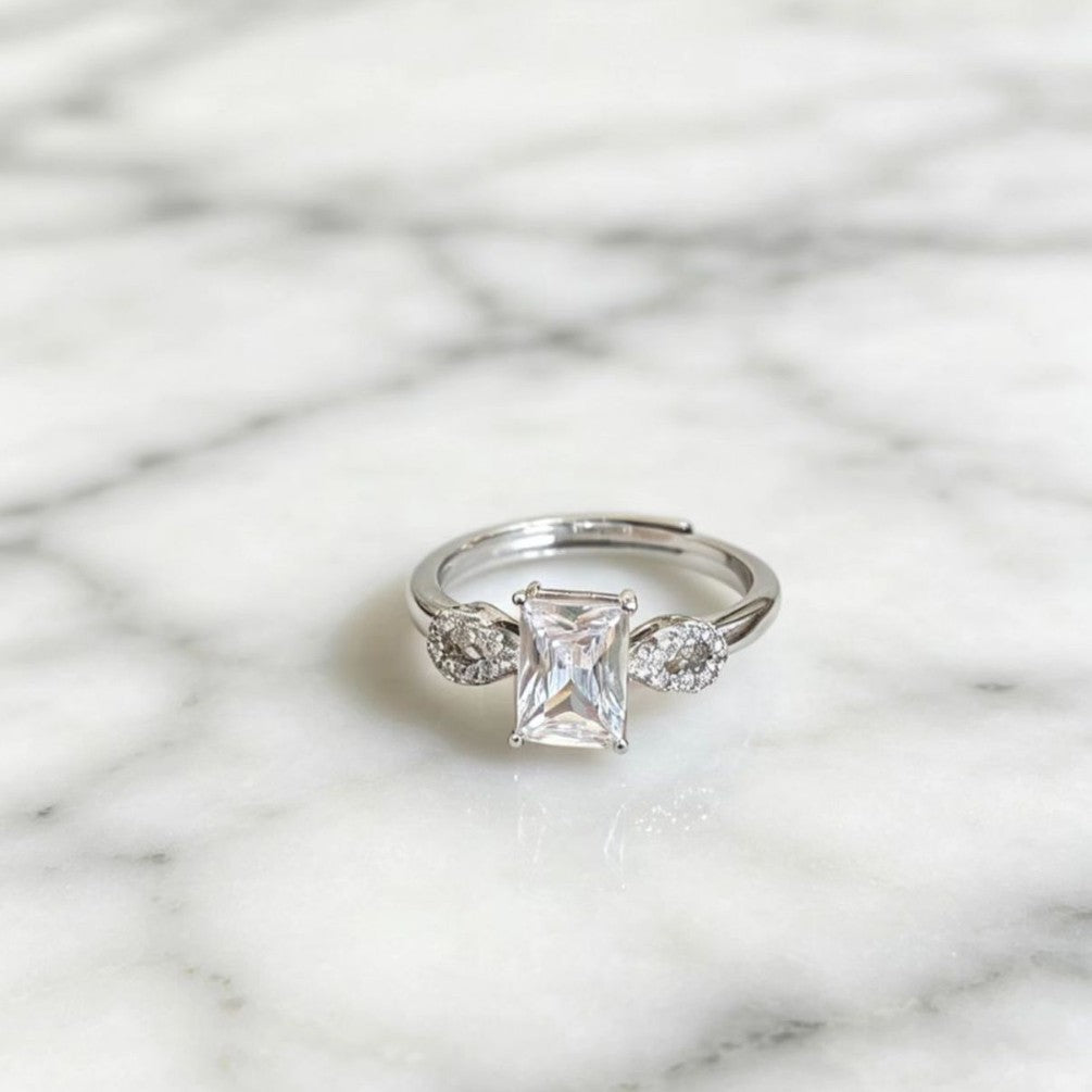 Minimalist Sugar Cube Adjustable Ring in Silver with Crystal Accents