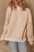 Ximena Rhombus Textured Knit Mock Neck Sweater in Beige Cream