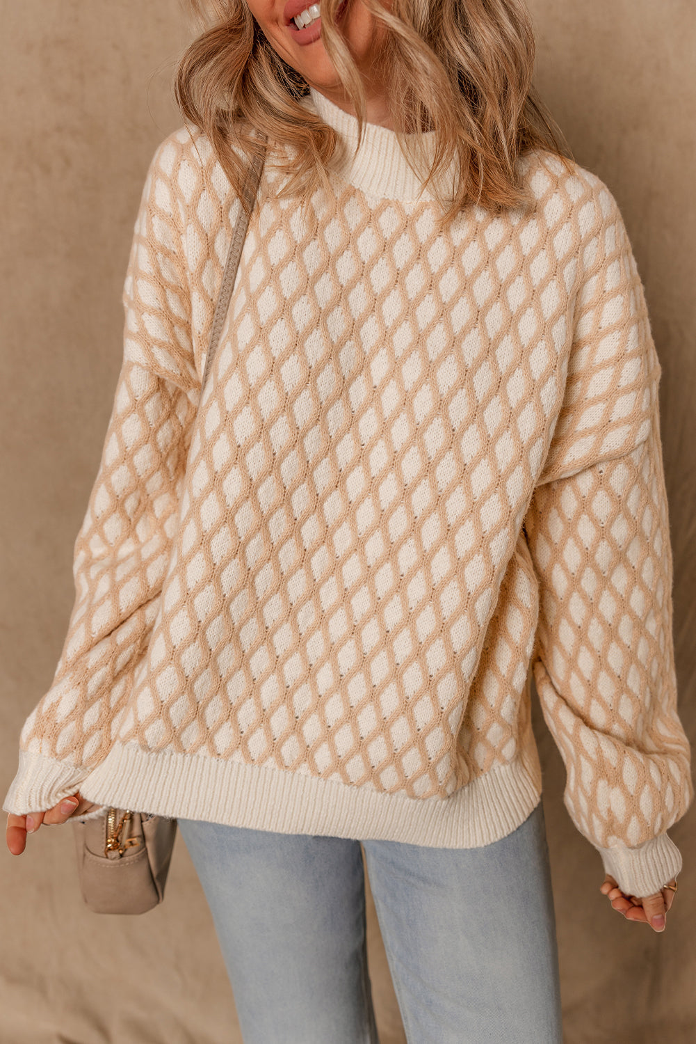 Ximena Rhombus Textured Knit Mock Neck Sweater in Beige Cream