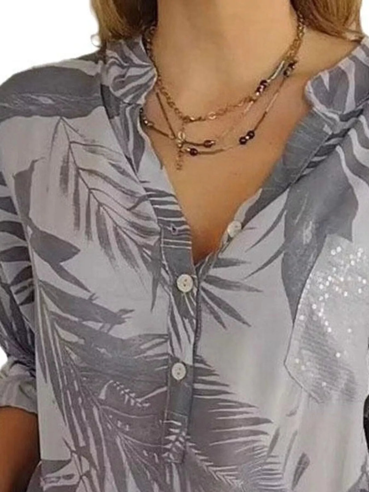 Full Size Printed Button Detail Long Sleeve Blouse Plus Size